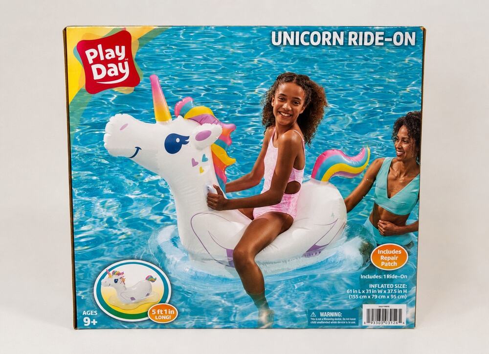 Play Day Unicorn Ride-On Inflatable Pool Float – 61” with Repair Patch (Ages 9+)